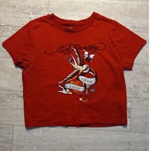 Ed Hardy red graphic short sleeve cropped womens baby shirt SIZE L‎